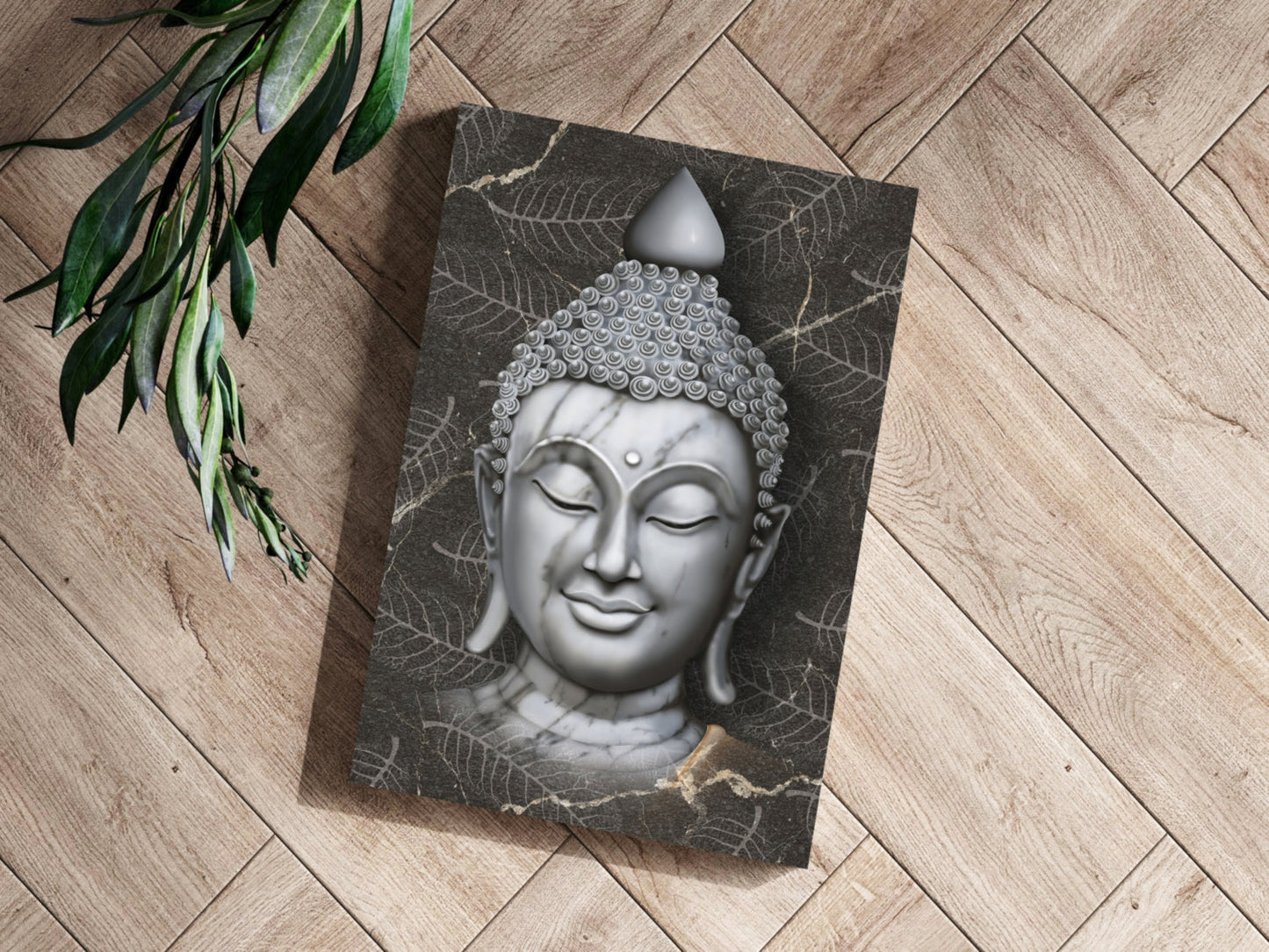 White Marble Buddha Head on Dark Leaves Aluminum Print