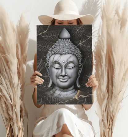 White Marble Buddha Head on Dark Leaves Aluminum Print