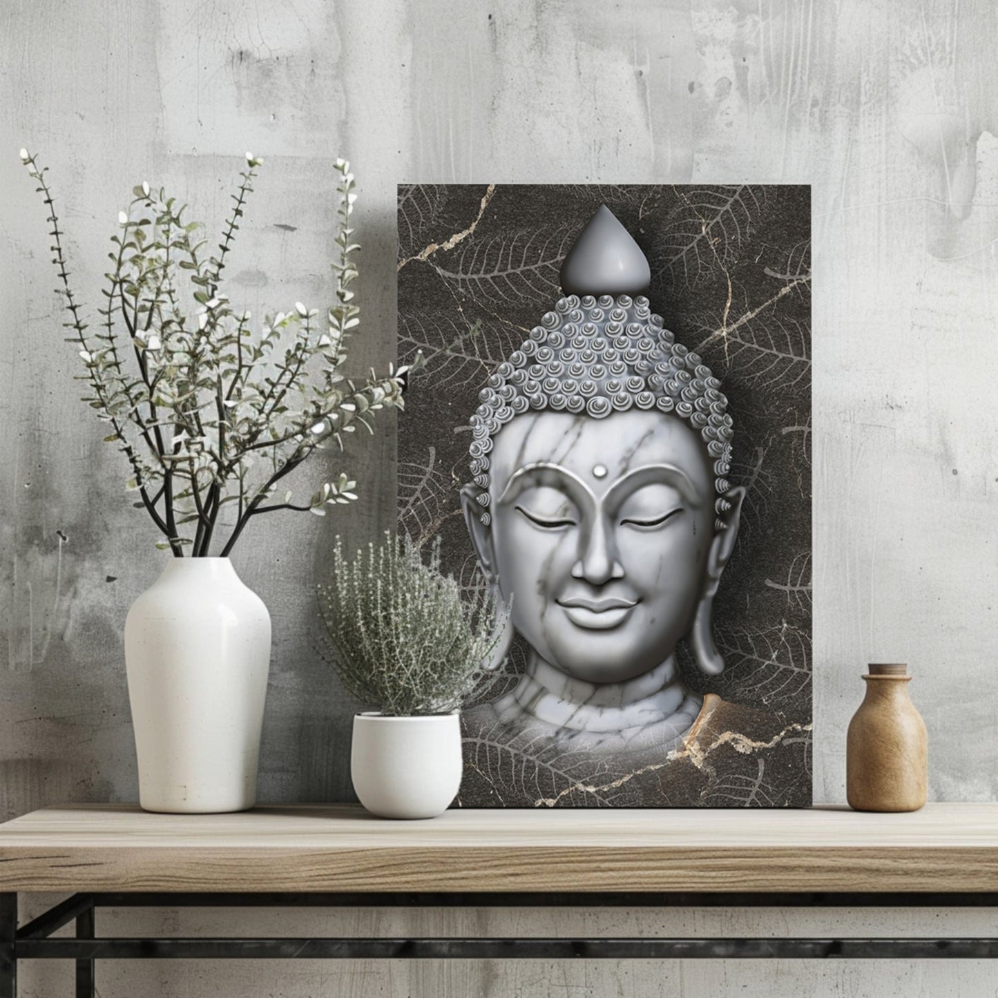 White Marble Buddha Head on Dark Leaves Aluminum Print
