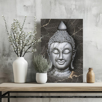 White Marble Buddha Head on Dark Leaves Aluminum Print