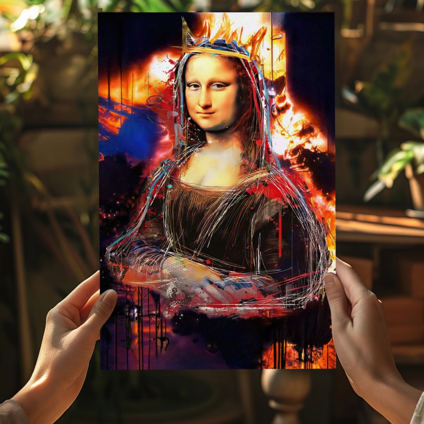 Mona Lisa Fiery Paint Splatter Crown Lady Portrait Aluminum Print