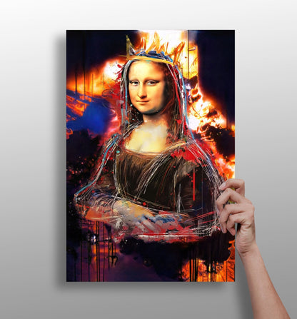 Mona Lisa Fiery Paint Splatter Crown Lady Portrait Aluminum Print