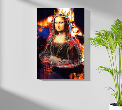 Mona Lisa Fiery Paint Splatter Crown Lady Portrait Aluminum Print
