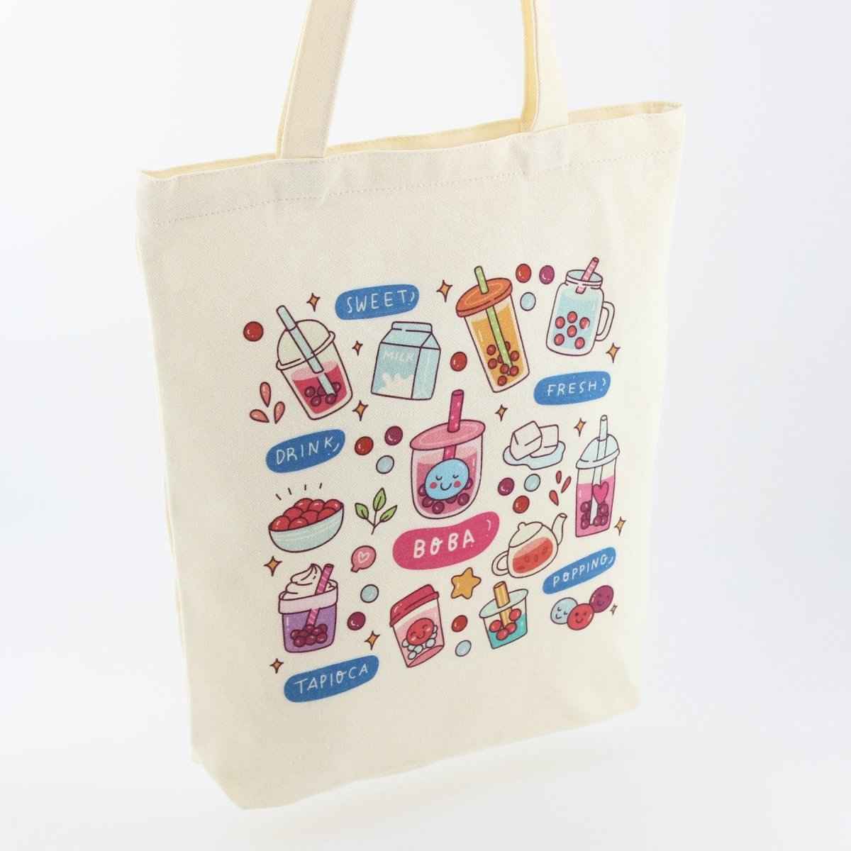 Cream Boba Tote – Canvas Bag with Enamel Pin & Keychain Gift