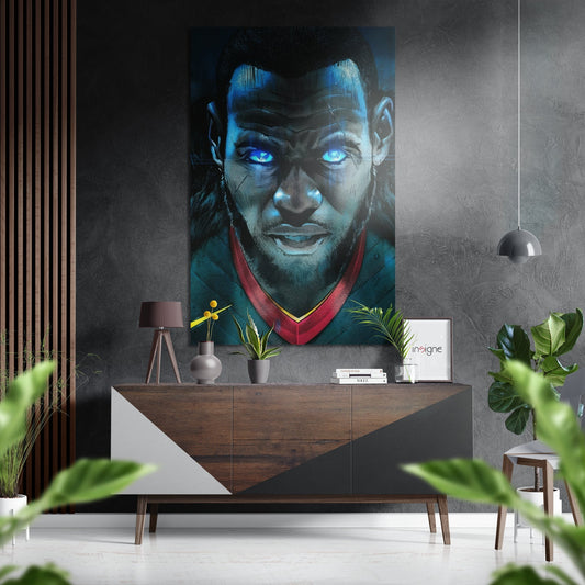 Glowing Blue Eyes Player Portrait Brushed Aluminium Dibond Wall Art