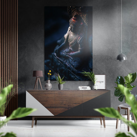 Dark Blue Praying Statue Buddha Brushed Aluminum Dibond Wall Art
