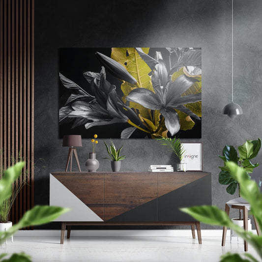 Monochrome Lilies Golden Leaves Brushed Aluminium Dibond Wall Art