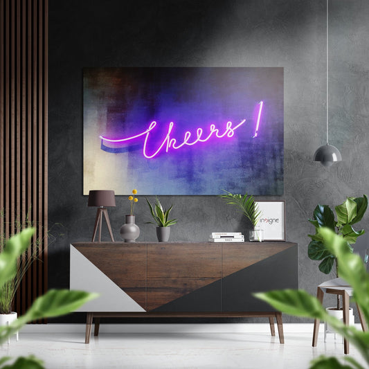 Pink Neon Script Cheers Sign Brushed Aluminium Dibond Wall Art