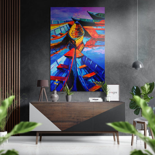 Blue and Orange Moored Boats Brushed Aluminium Dibond Wall Art