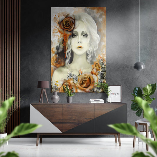White Haired Woman With Orange Roses Brushed Aluminium Dibond Wall Art