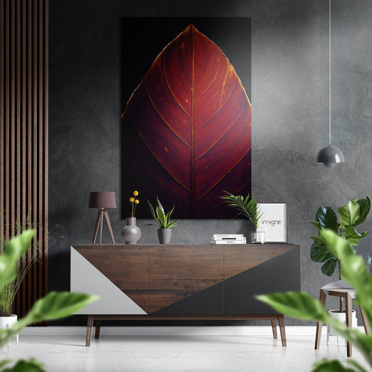 Glowing Red Veined Leaf Brushed Aluminium Dibond Wall Art