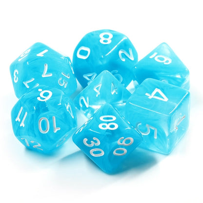 Sky Blue Swirl with White Numbering 7-Dice Set RPG