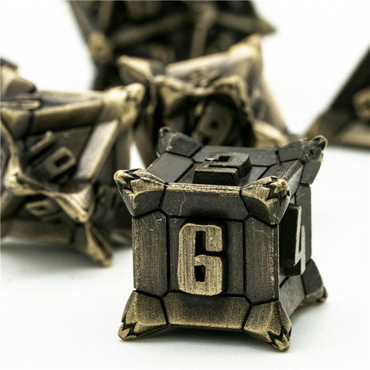 Vintage Brass Color Pinwheel Strengthened Metal 7-Dice Set | Metal DND Dice
