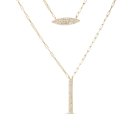 14K Yellow Gold 3/8 Cttw Two-Strand Marquise and Bar Charm Paper Clip Link Pendant Necklace  (I-J Color, I1-I2 Clarity) -18" and 20" Inch Lengths