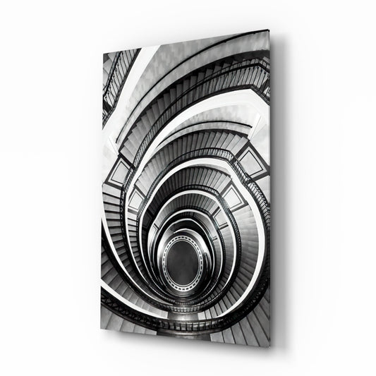 Monochrome Spiral Staircase From Above Glass Wall Art