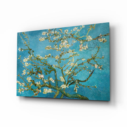 White Blossoms on Turquoise Sky Glass Wall Art