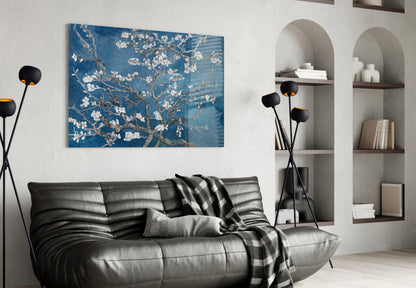 White Blossoms on Deep Blue Glass Wall Art