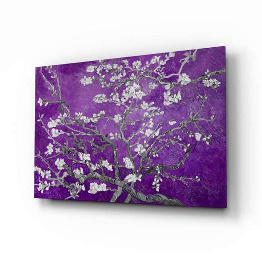White Blossoms on Vivid Purple Glass Wall Art