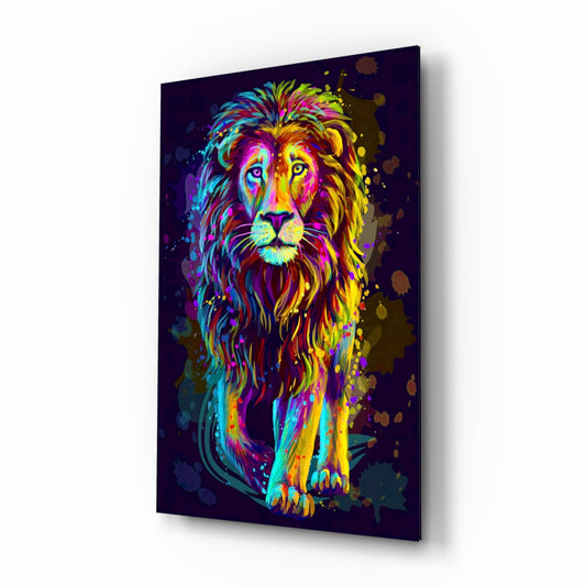 Neon Rainbow Standing Lion Glass Wall Art