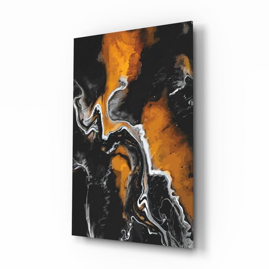 Orange Flame Black Fluid Glass Wall Art