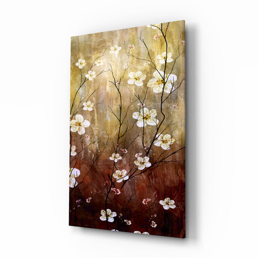 Amber Brown Blossom Branch Panel Glass Wall Art