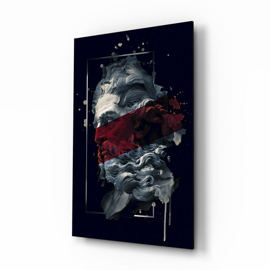 Crimson Paint Stripe Poseidon Bust Glass Wall Art