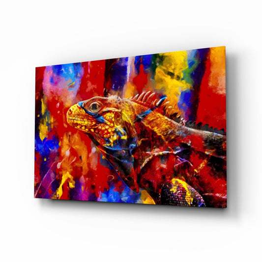 Vibrant Paint Splash Iguana Portrait Glass Wall Art