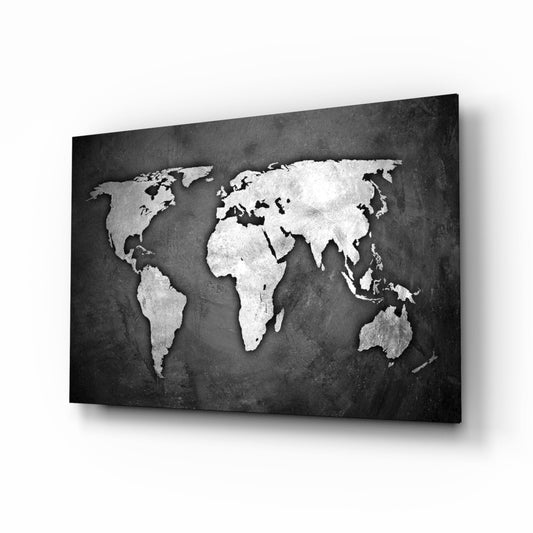 Silver Foil World Map Dark Glass Wall Art