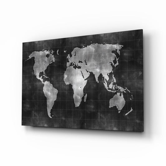 Misty Silver World Map Grid Glass Wall Art