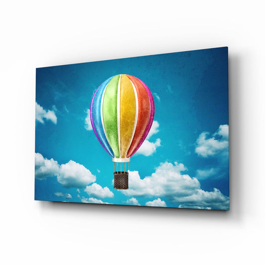 Rainbow Balloon in Bright Blue Sky Glass Wall Art