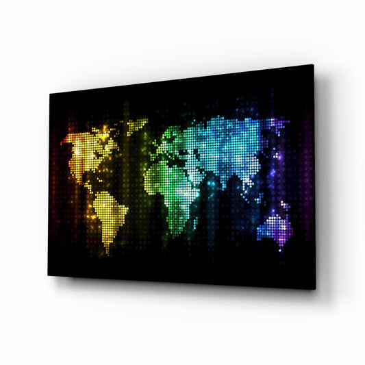 Pixel Rainbow World Map Glass Wall Art