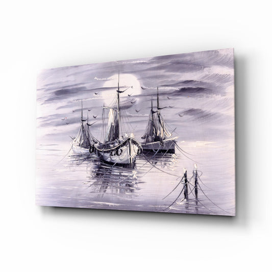 Moonlit Tall Ships In Lavender Mist Glass Wall Art