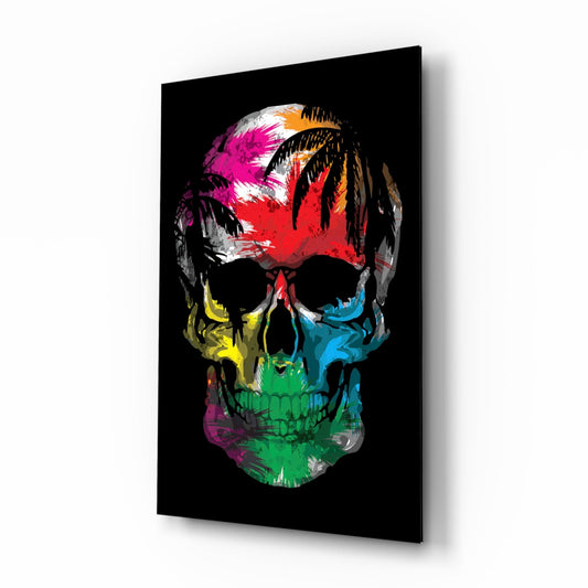 Rainbow Feather Paint Skull Glass Wall Art