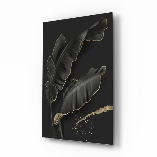 Golden Outline Black Leaves Glass Wall Art