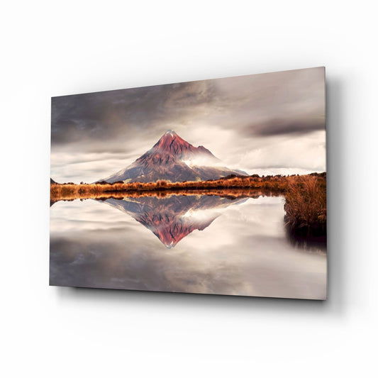 Rust Red Peak Mirrored in Still Lake Glass Wall Art