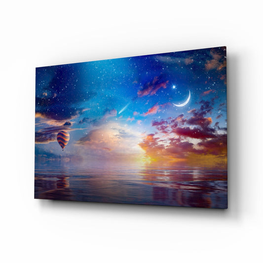 Hot Air Balloon Crescent Moon Sea Glass Wall Art