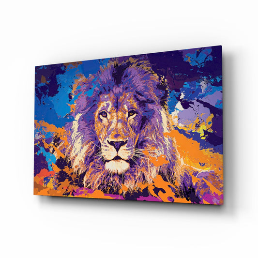 Purple Orange Splash Lion Glass Wall Art