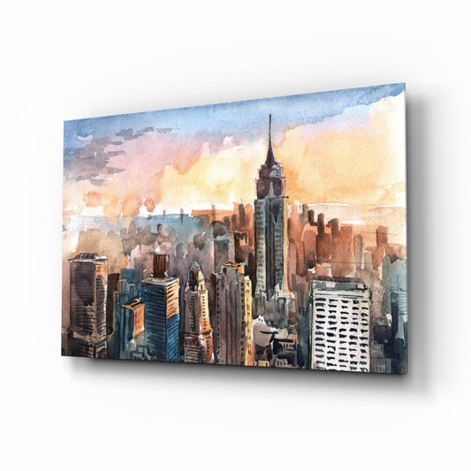 Watercolor Manhattan Skyline Sunset Glass Wall Art