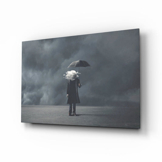 Cloud Head Man With Umbrella Fog Glass Wall Art