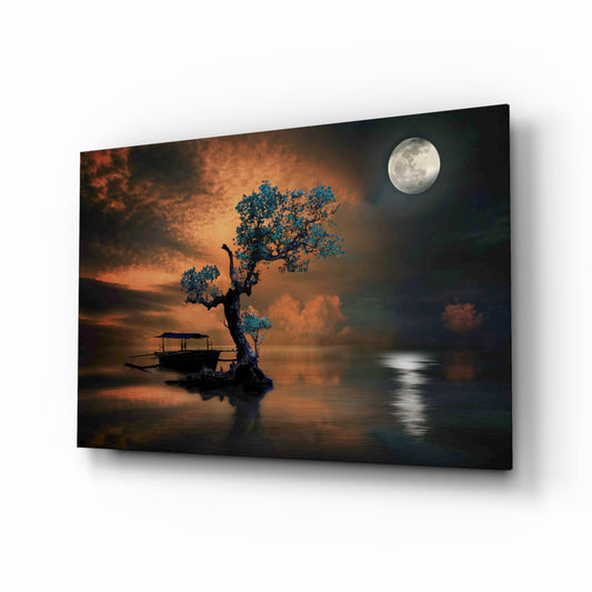 Turquoise Tree Moonlit Lake Boat Glass Wall Art