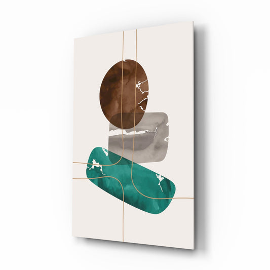 Brown Circle And Teal Capsule Forms Glass Wall Art