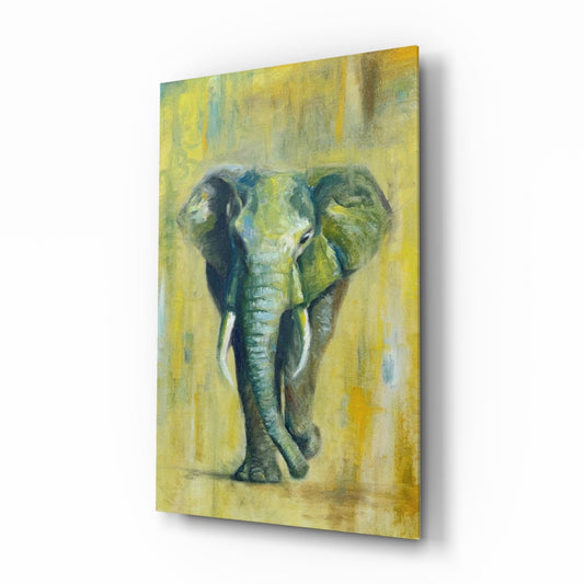 Green Oil Painting Walking Elephant Glass Wall Art