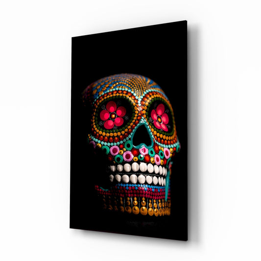 Rainbow Beaded Floral Sugar Skull Glass Wall Art