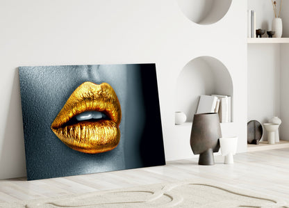 Golden Lips Glass Wall Art