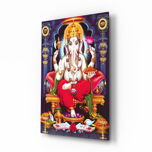 Blue Temple Lotus Throne Ganesha Glass Wall Art