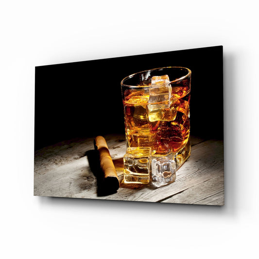 Whiskey Glass With Ice And Cigar Glass Wall Art