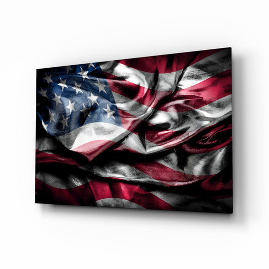 Waving American Flag in Dark Tones Glass Wall Art