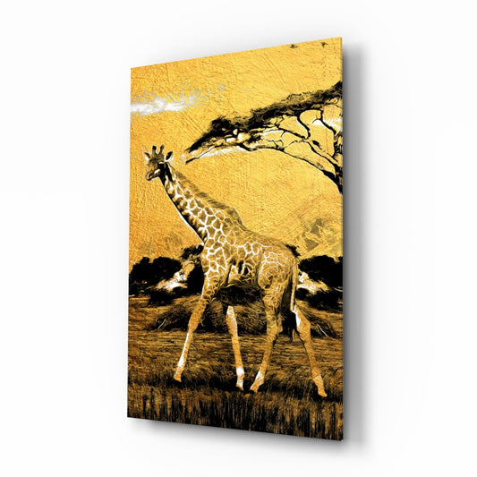 Gold Acacia Tree Giraffe Glass Wall Art
