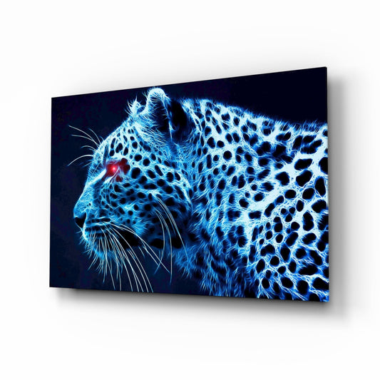 Glowing Blue Neon Leopard Glass Wall Art
