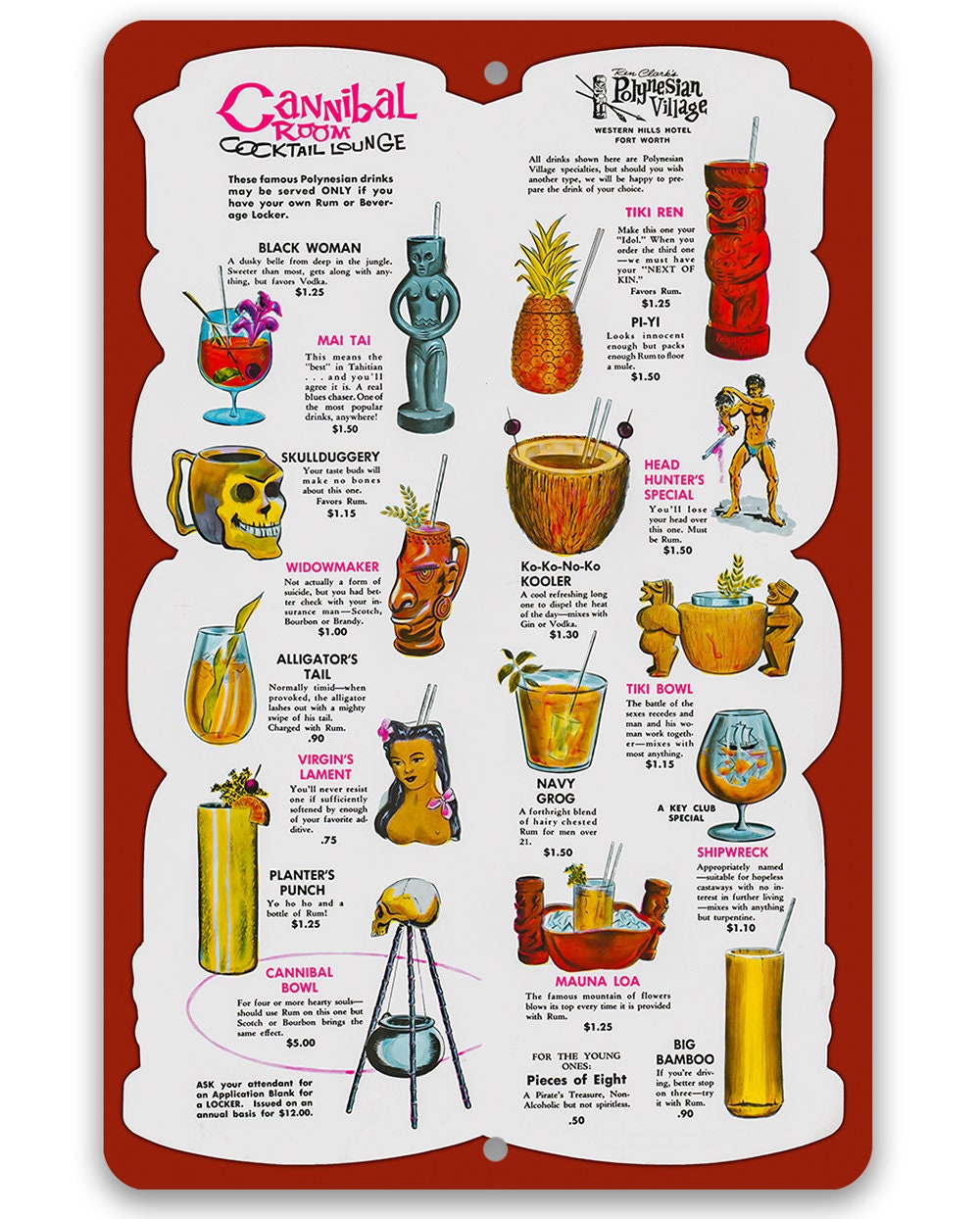 Cannibal Room Cocktail Lounge Drink Menu - Metal Sign